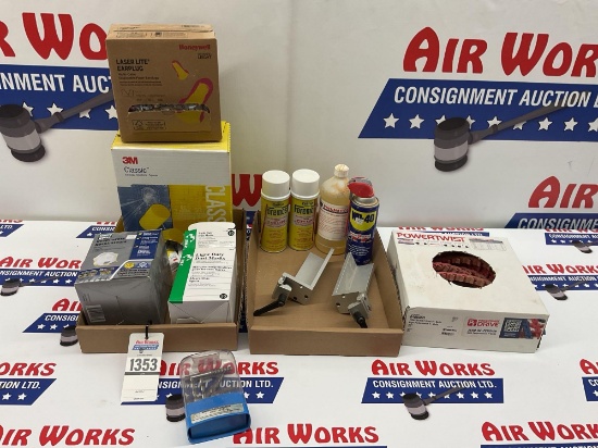 Box Lot, Ear Plugs, Dust Masks, PTFE Lube, WD 40, Air Tool Oil, Power Twist Belt, Super Flip Stops