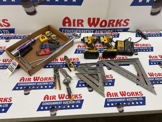 Box Lot, 2 DCF887 1/4" Impact Drivers with Batteries and Charger, Squares, Hand Tools, Tape Measures