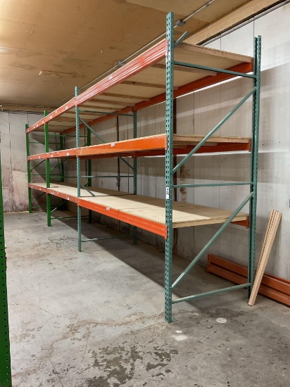 3 Section Pallet Rack with Wood Decking, 48" x 10' Uprights, 18 - 10' Beams