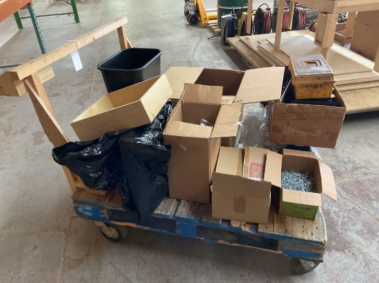 Rolling Pallet Lot, Office Supplies, 3 M Sander Parts and Hose Fittings, I Bolts,