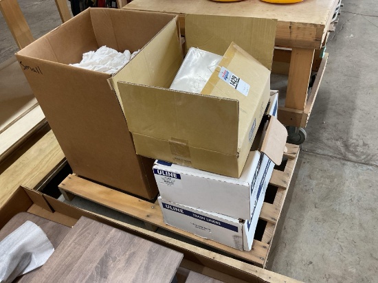 Pallet Lot, Stain Wiping Rags, 2 Boxes U Line Trash Liners, U Line 38"x 60" 6 Mil Poly Bags