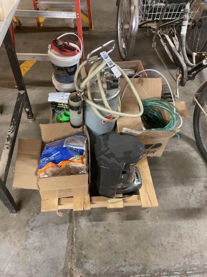 Pallet Lot, Air Cylinders and Hose, Coffee Maker, Concrete Patch, Air Conditioner Covers, Ear Plugs