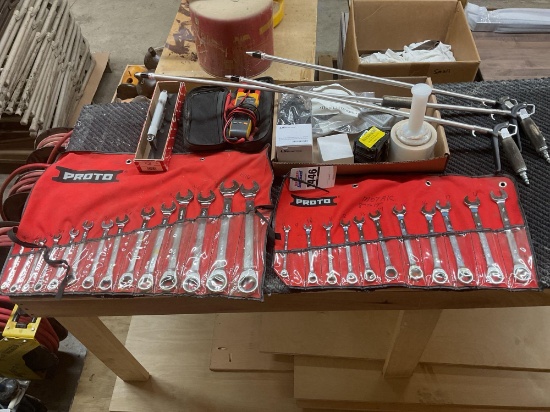 Box Lot, Proto SAE and Metric Wrench Set, Blow Guns, Voltage Tester, Starrett No. 98 Level