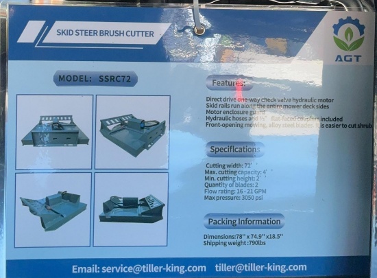 New Unused AGT SSRC72 Brush Cutter Skid Loader Attachment, 72" Cutting Width