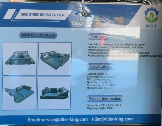 New Unused AGT SSRC72 Brush Cutter Skid Loader Attachment, 72" Cutting Width