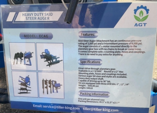New Unused AGT SSECAG-Y Auger Skid Loader Attachment, 6", 12" and 14" Auger Bits