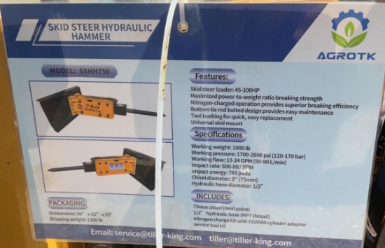 New Unused AGT SSHH750 Breaker Hammer Skid Loader Attachment, Designed For 13-24 GPM, Quick Tach