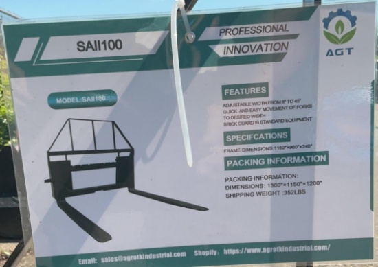 New Unused AGT SAII100 Forks Skid Loader Attachment, Quick Attach, 4,000lbs Rating