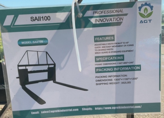 New Unused AGT SAII100 Forks Skid Loader Attachment, Quick Attach, 4,000lbs Rating