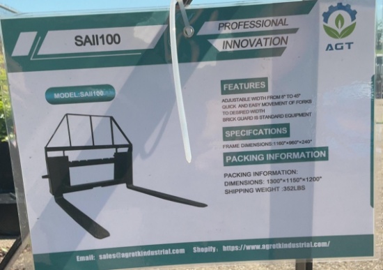New Unused AGT SAII100 Forks Skid Loader Attachment, Quick Attach, 4,000lbs Rating