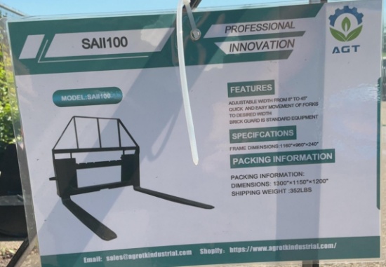 New Unused AGT SAII100 Forks Skid Loader Attachment, Quick Attach, 4,000lbs Rating