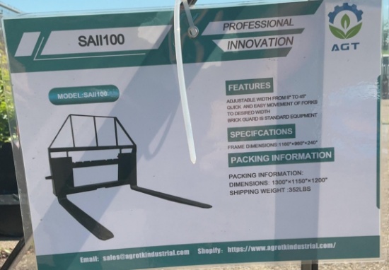 New Unused AGT SAII100 Forks Skid Loader Attachment, Quick Attach, 4,000lbs Rating