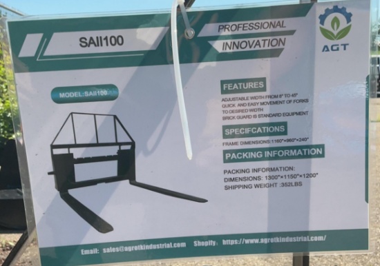New Unused AGT SAII100 Forks Skid Loader Attachment, Quick Attach, 4,000lbs Rating