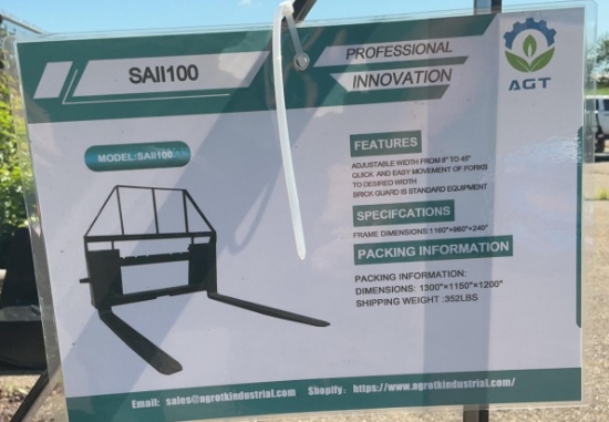 New Unused AGT SAII100 Forks Skid Loader Attachment, Quick Attach, 4,000lbs Rating