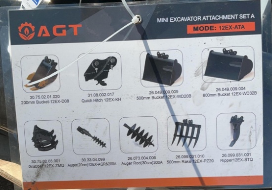 New Unused AGT 12EX-ATA Mini Excavator Attachment Set, Includes 8, 20 and 32" Buckets, Quick Hitch
