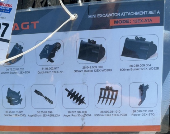 New Unused AGT 12EX-ATA Mini Excavator Attachment Set, Includes 8, 20 and 32" Buckets, Quick Hitch