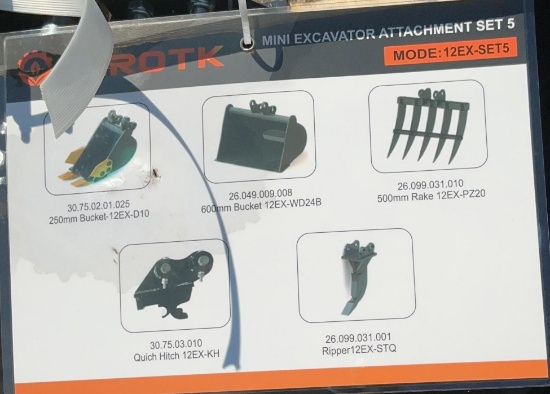 New Unused AGT 12EX-Set5 Mini Excavator Attachment Set, Includes 10" and 24" Buckets, Quick Hitch