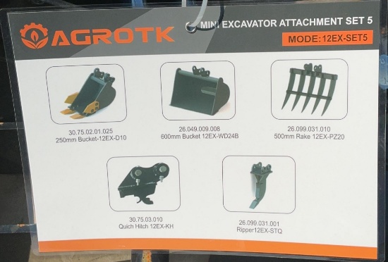 New Unused AGT 12EX-Set5 Mini Excavator Attachment Set, Includes 10" and 24" Buckets, Quick Hitch