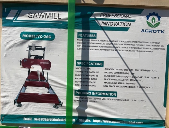 New Unused AGROTK YC-26G Sawmill, 15 Hp Gas Engine, 30" Cutting Capacity