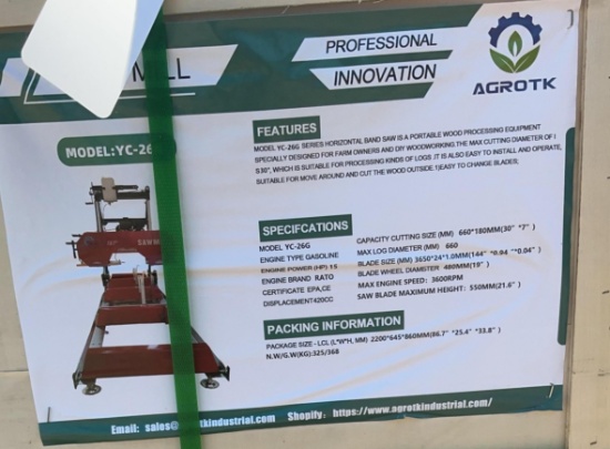 New Unused AGROTK YC-26G Sawmill, 15 Hp Gas Engine, 30" Cutting Capacity