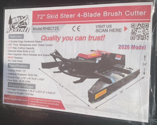 New Unused Raytree RHBC72 Brush Cutter Skid Loader Attachment, 72" Cutting Width, 4 Blade Cutter,