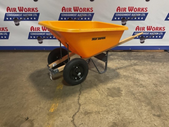 New Unused True Temper 8 Cu. Ft Poly Tray Wheelbarrow, Double Wheel, Hardwood Handles