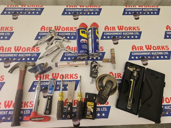 Box Lot - Dyna Brade Sander, Calipers, Screwdrivers, Hammer, Etc