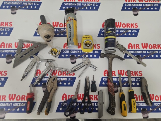 Box Lot - Vise Grip, Chisels, Hammer, Air Nozzles, Speed Square, Etc..