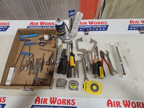 Assorted Hand Tools - Vise Grips, Tape Measures, Drill Bits, Screw Drivers