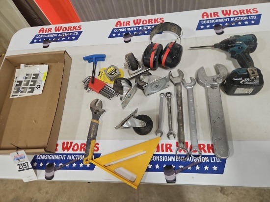Assorted Tools - Makita XDT208 18v Impact Driver, 2- Batteries & Charger, Flat Wrenches, Casters
