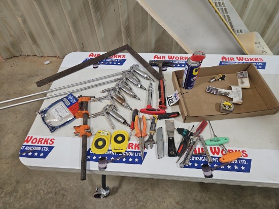 Assorted Air Nozzles, Small Pipe Clamp & Hand Tools