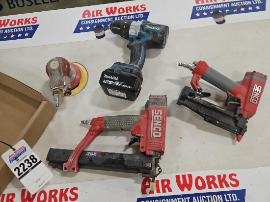 2 - Senco Nailers, 3M Orbital Sander, Makita 18v 1/2" Drill
