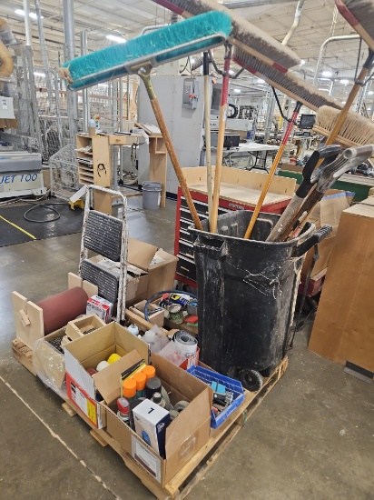 Skid Lot - Assorted Screws, Trash Can w/Brooms and Shovels, Step Stool, Lubricants, Sanding Pads,
