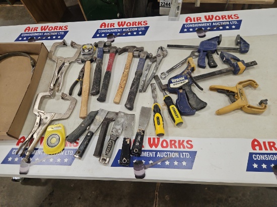 Assorted Hand Tools - C Clamp Vise Grips, Hammers, Irwin Bar Clamps, Chisels