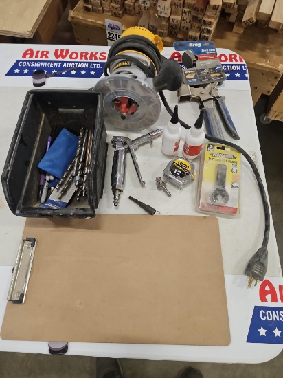 Dewalt DW618 2-1/4hp Router, Kreg Bench Clamp, Assorted Drill Bits, Air Nozzle