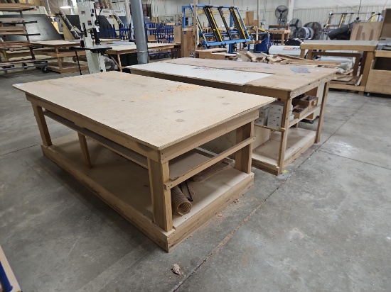 Assorted Wooden Work Benches 1- Sanding Table & Shelving