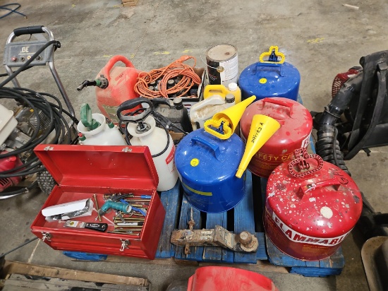 Skid Lot - Metal Fuel Cans, Small Tool Box, Hand Sprayers