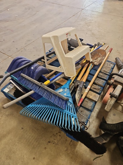 Skid Lot - Brooms, Rakes, Step Stool, Shovels, Post Hole Digger