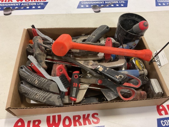 Box Lot - Assorted Hand Tools Mallet, Knives, Scissors