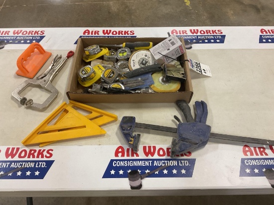 Box Lot - Assorted Hand Tools Vise Grips, Speed Square, Tape Measures Irwin Bar Clamp