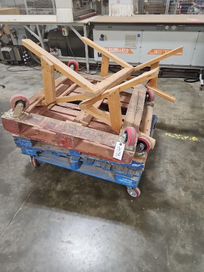 3 - Pallets on Casters w/set of Wooden Saw Horses