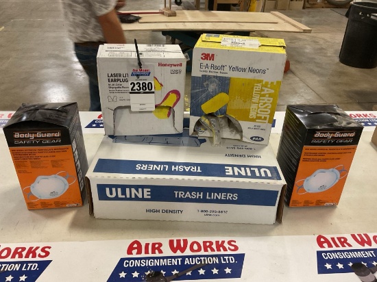 Box Lot - Hearing Protection, Dust masks, Trash Liners