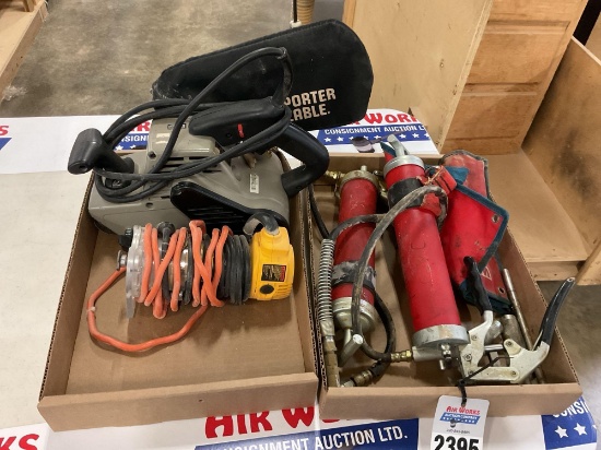 box lot - Grease Guns, Porta-Cable Belt Sander, Dewalt Router