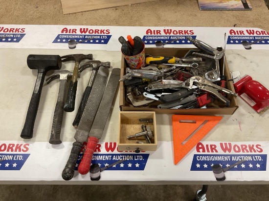 Box Lot - Assorted Hand Tools, Hammers, Files, Vise Grips, Wrenches, Knives, Blow Guns