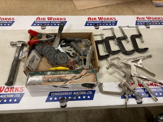 Box Lot - Assorted HAnd Tools, C-Clamps, Vise Grips, Hammer, Edge Banding Iron, Step Bit