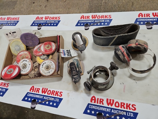 Box Lot - Sanding Pads, 2 - Dynabrade Sander/Polisher, Router Base, Sanding Belts