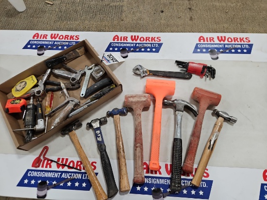 Box Lot - Hand Tools, Hammers, Wrenches, Tape Measures, Blow Guns