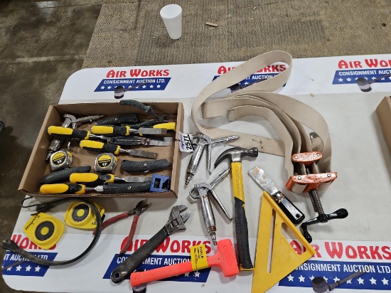 Box Lot - Hand Tools, Hammers, Strap Clamp, Chisels, Blow Guns, Tape Measures