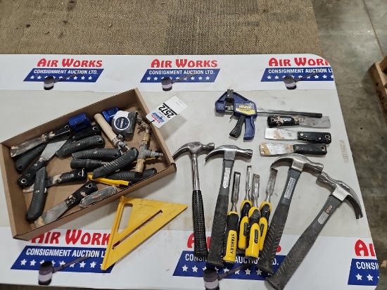 Box Lot- Hand Tools, Hammers, Chisels, Knives, Putty Knives,