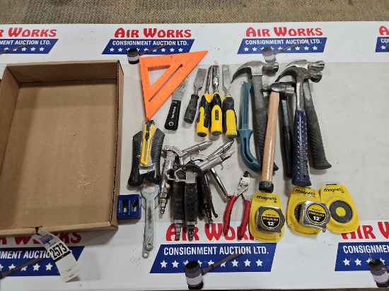 Box Lot - Hammers, Chisels, Blow Guns, Tape Measures, Speed Square
